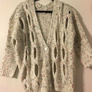 Speckled Flecked Yarn Cable Knit Cutout 3/4 Sleeve Cardigan Sweater S/M